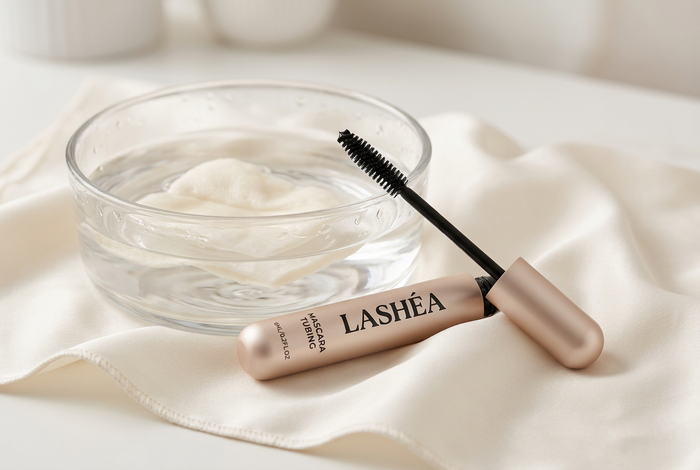 Mascara Tubing Lashéa avec brosse fibres, bol d'eau chaude et coton — le retrait doux du mascara tubing