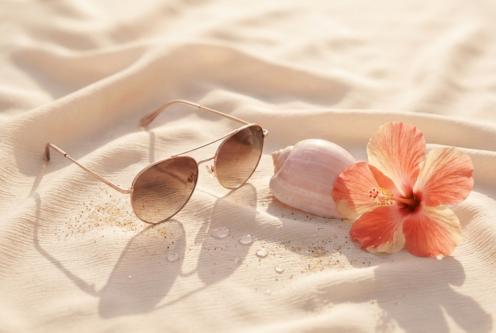 Lunettes de soleil, coquillage, hibiscus et sable sur soie — les cils face au soleil et à la mer en été