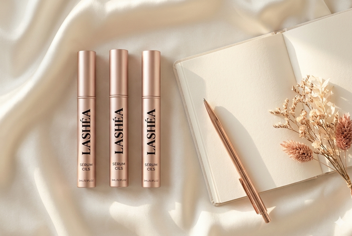 Trois flacons rose gold du sérum de cils Lashéa avec agenda — la cure de 12 semaines