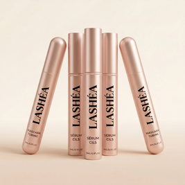 Coffret Programme Transformation 6 Mois Lashéa : cure de sérum de pousse de cils et mascaras tubing rose gold