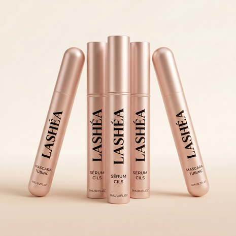 Coffret Programme Transformation 6 Mois Lashéa : cure de sérum de pousse de cils et mascaras tubing rose gold