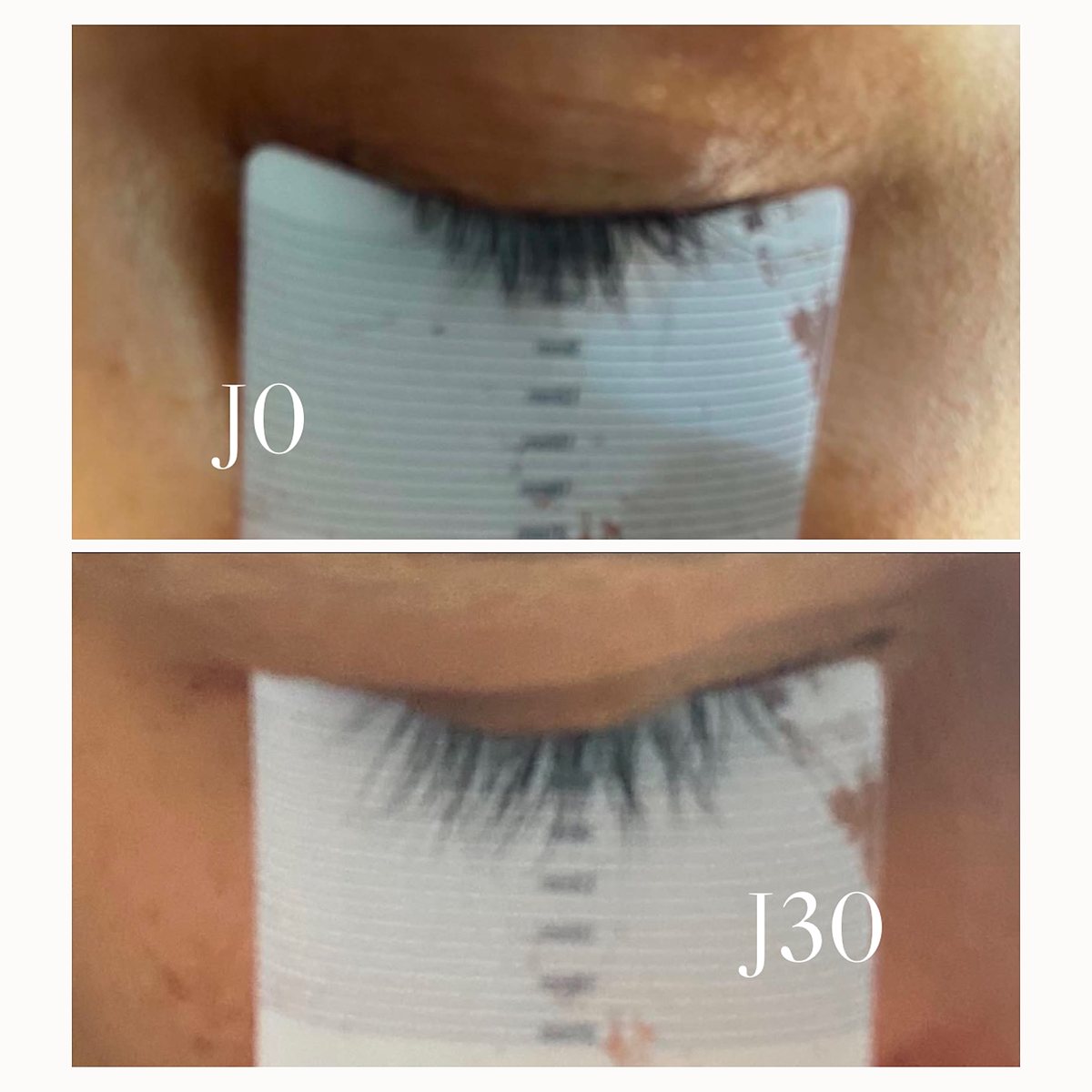 Avant après sérum cils Lashéa — cliente vérifiée, évolution J0 à J30 mesurée à la règle graduée, photo non retouchée