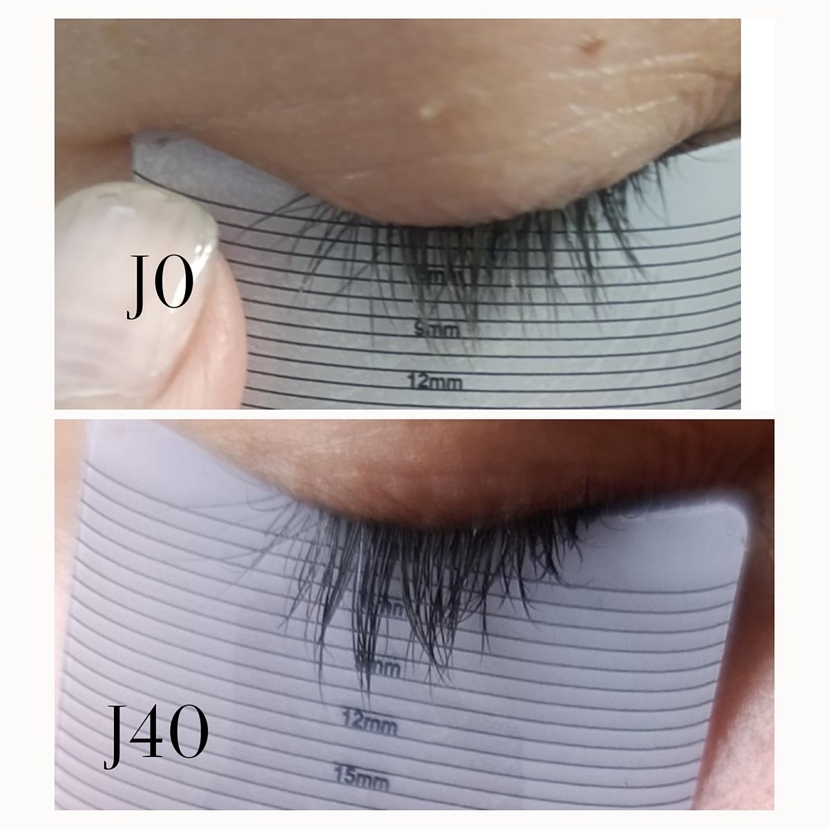 Avant après sérum cils Lashéa — cliente vérifiée, évolution J0 à J40 mesurée à la règle graduée, photo non retouchée